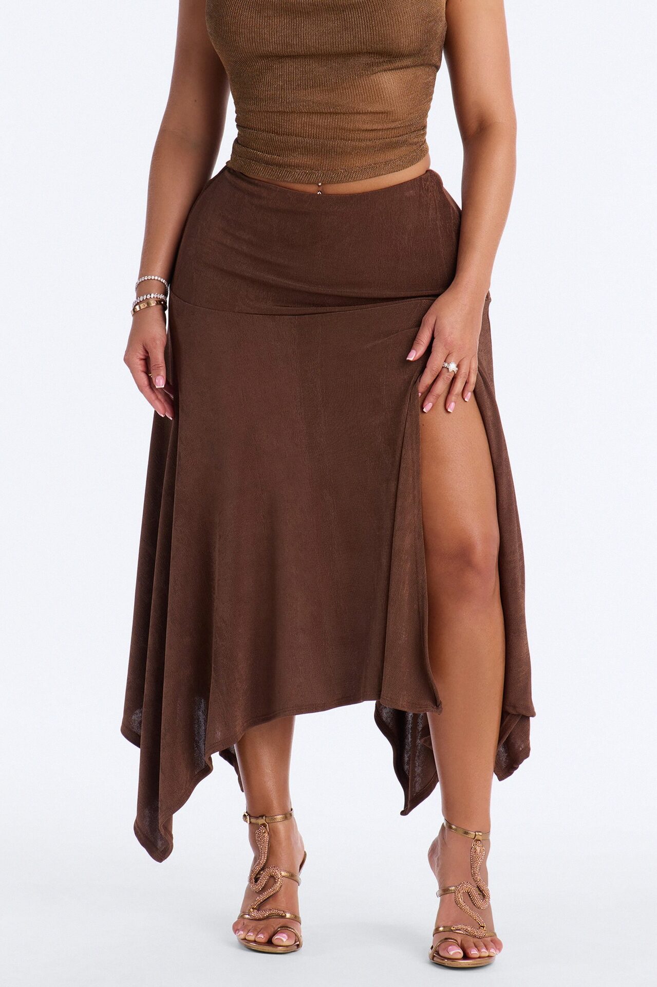 Alyssa Drop Waist Slinky Midi Skirt - Chocolate