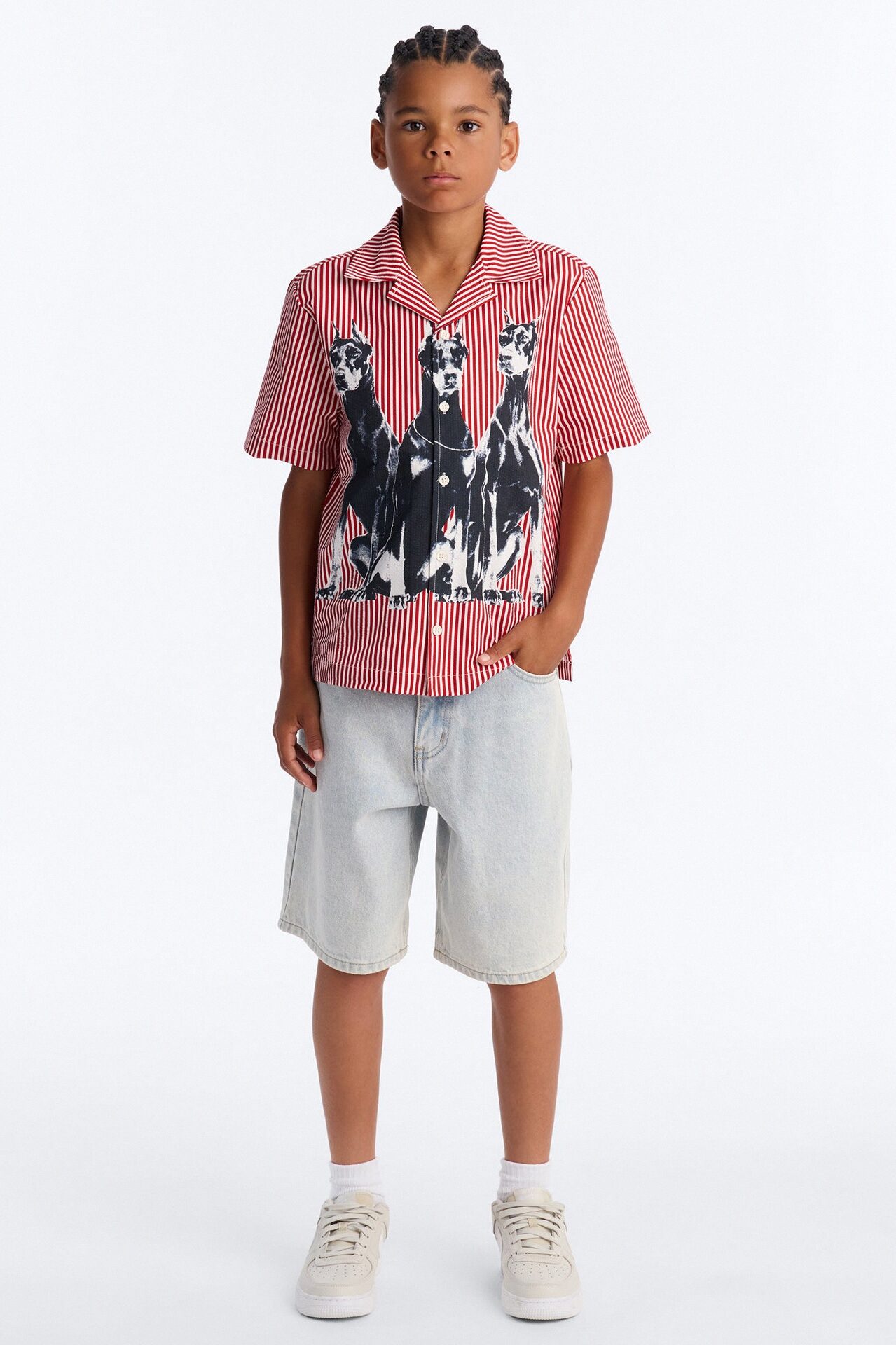 Mini Doberman Seersucker Stripe Cuban Collar Button Up Shirt - Red/combo