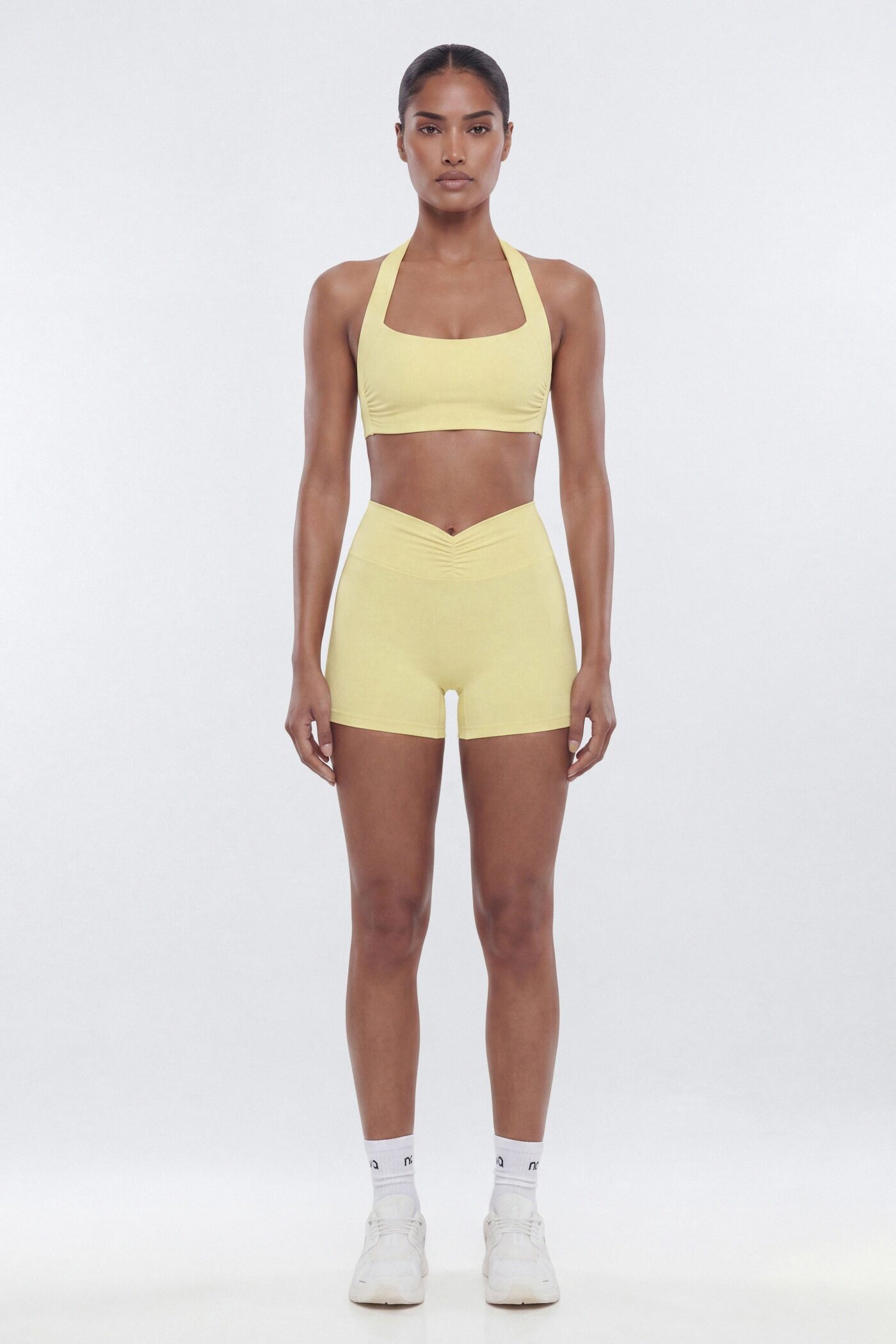 ButterSoft 4″ V Front Ruched Biker Shorts - Soft Yellow