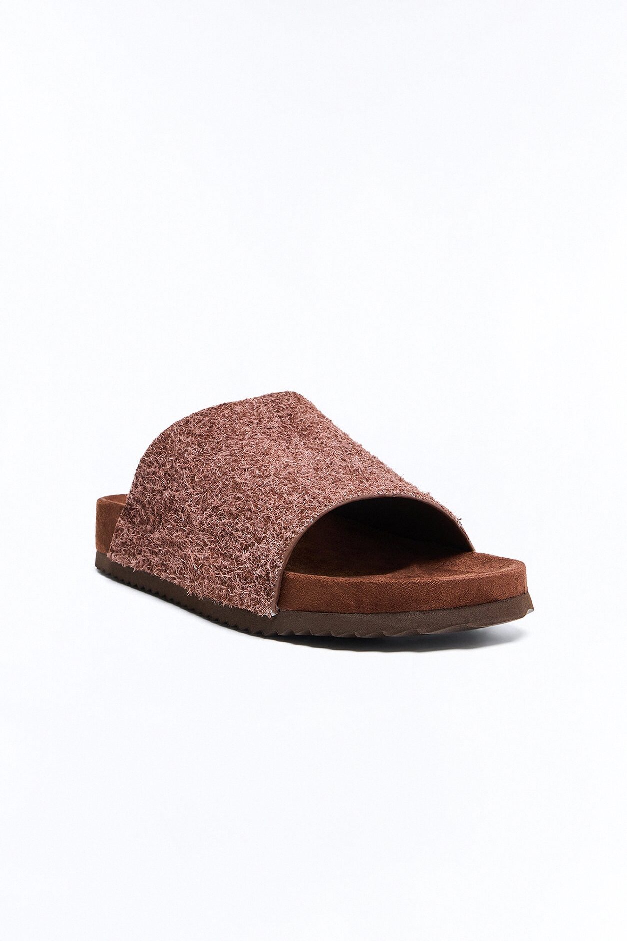 Genuine Suede Textured Slip On Slide - Brown