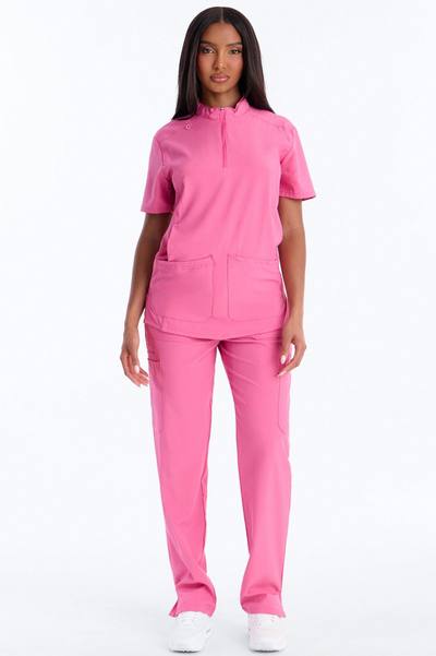 Elite 4 Way Stretch Zip Collar Open Leg Slit Scrub Set - Pink