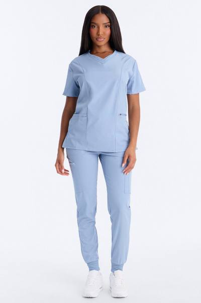 Clinical 4 Way Stretch Pocket Back Knit Jogger Scrub Set - Blue