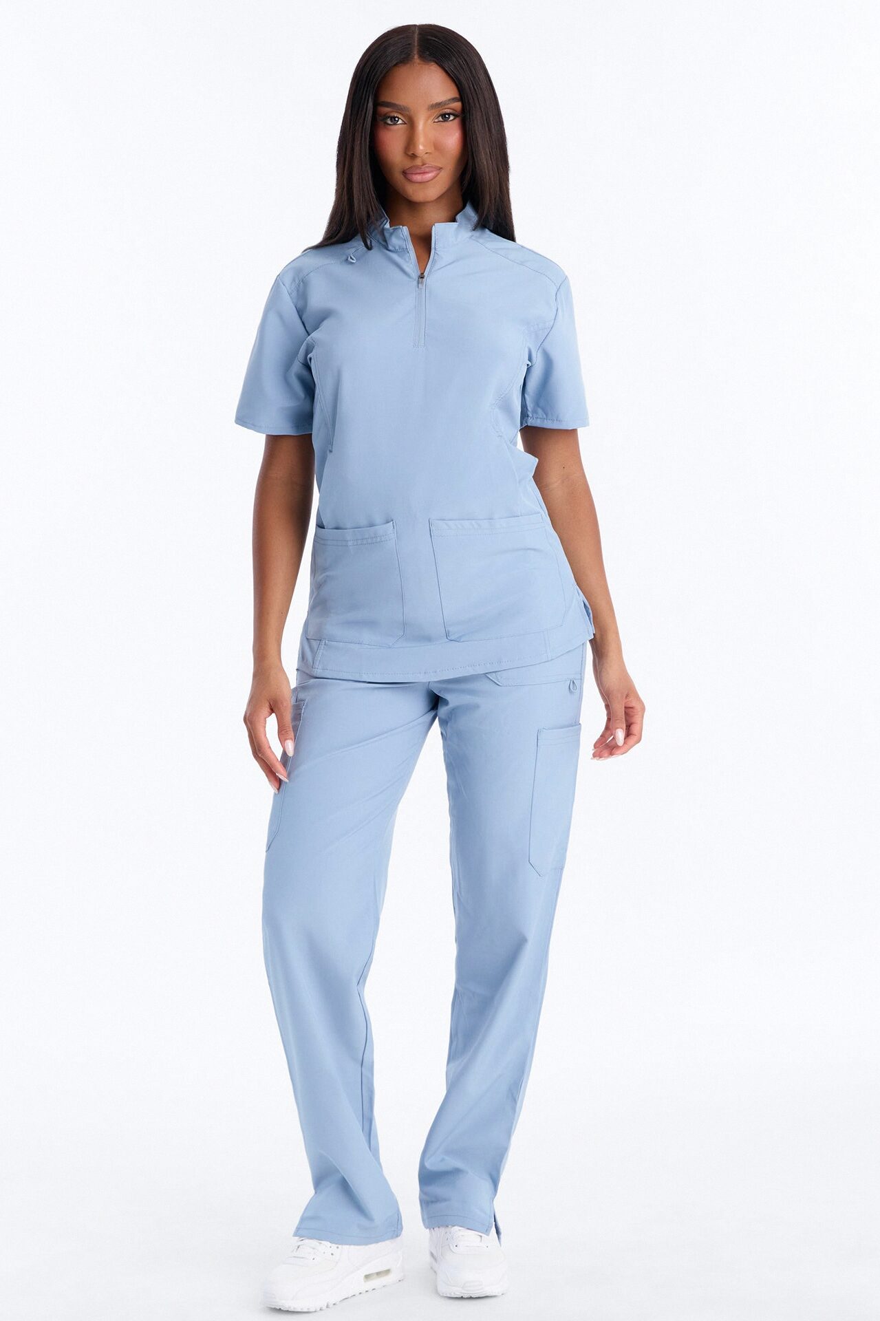 Elite 4 Way Stretch Zip Collar Open Leg Slit Scrub Set - Dusty Blue