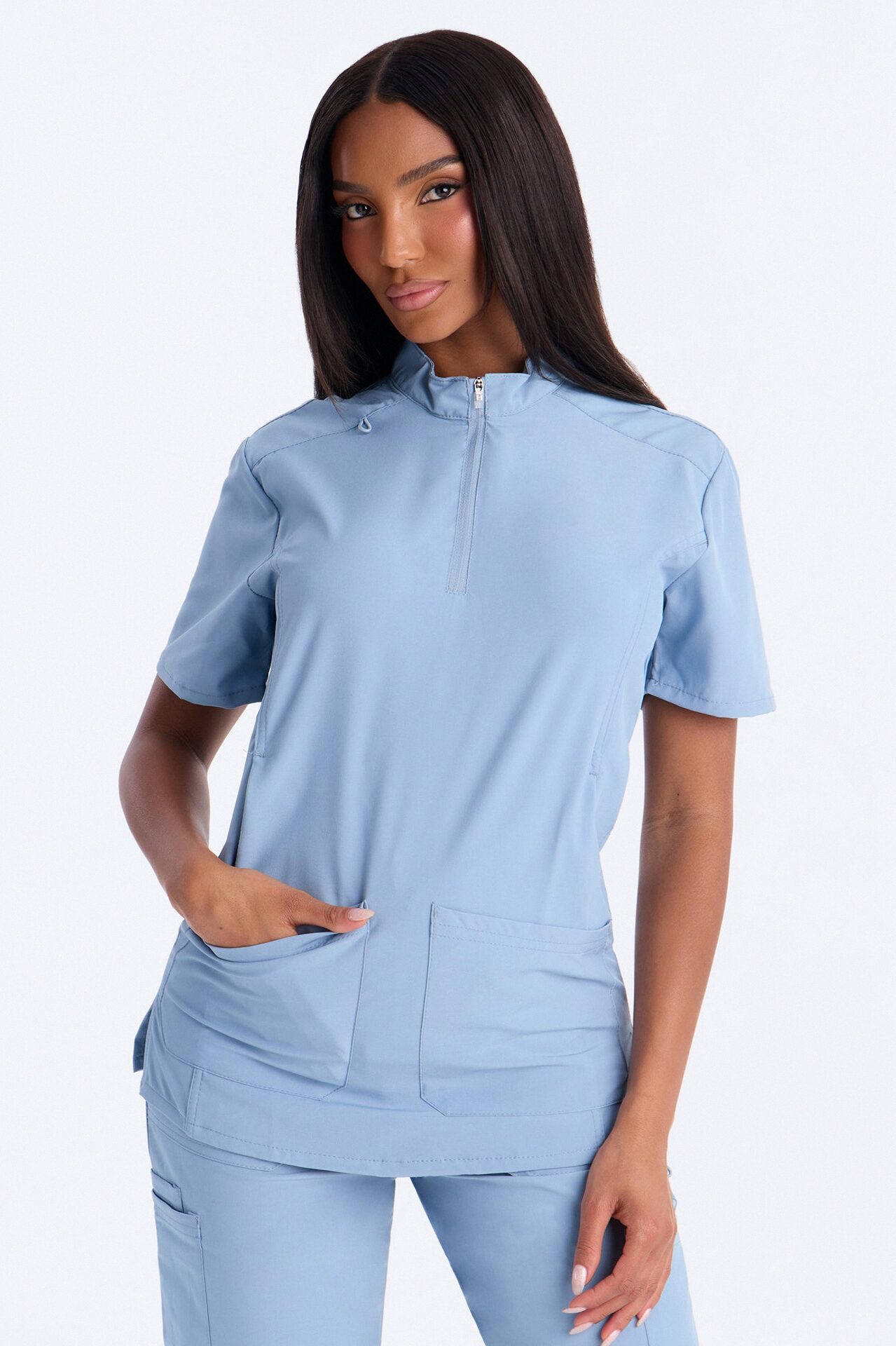 Elite 4 Way Stretch Zip Collar Open Leg Slit Scrub Set - Dusty Blue