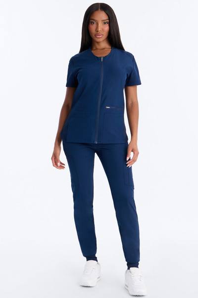 Vital 4 Way Stretch Front Zip Jogger Scrub Set - Navy