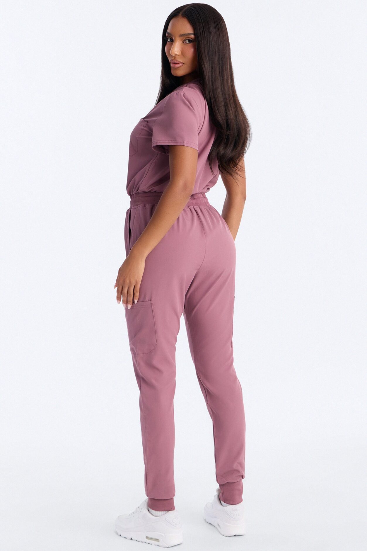 In Unison Uniform Jogger Scrub Jumpsuit With Snaps - Mauve