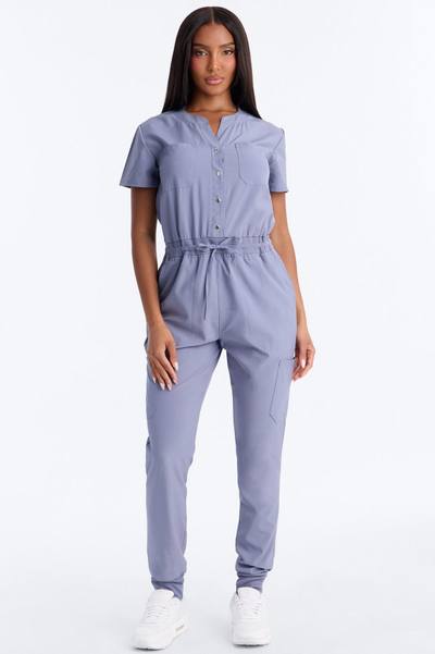 In Unison Uniform Jogger Scrub Jumpsuit With Snaps - Blue