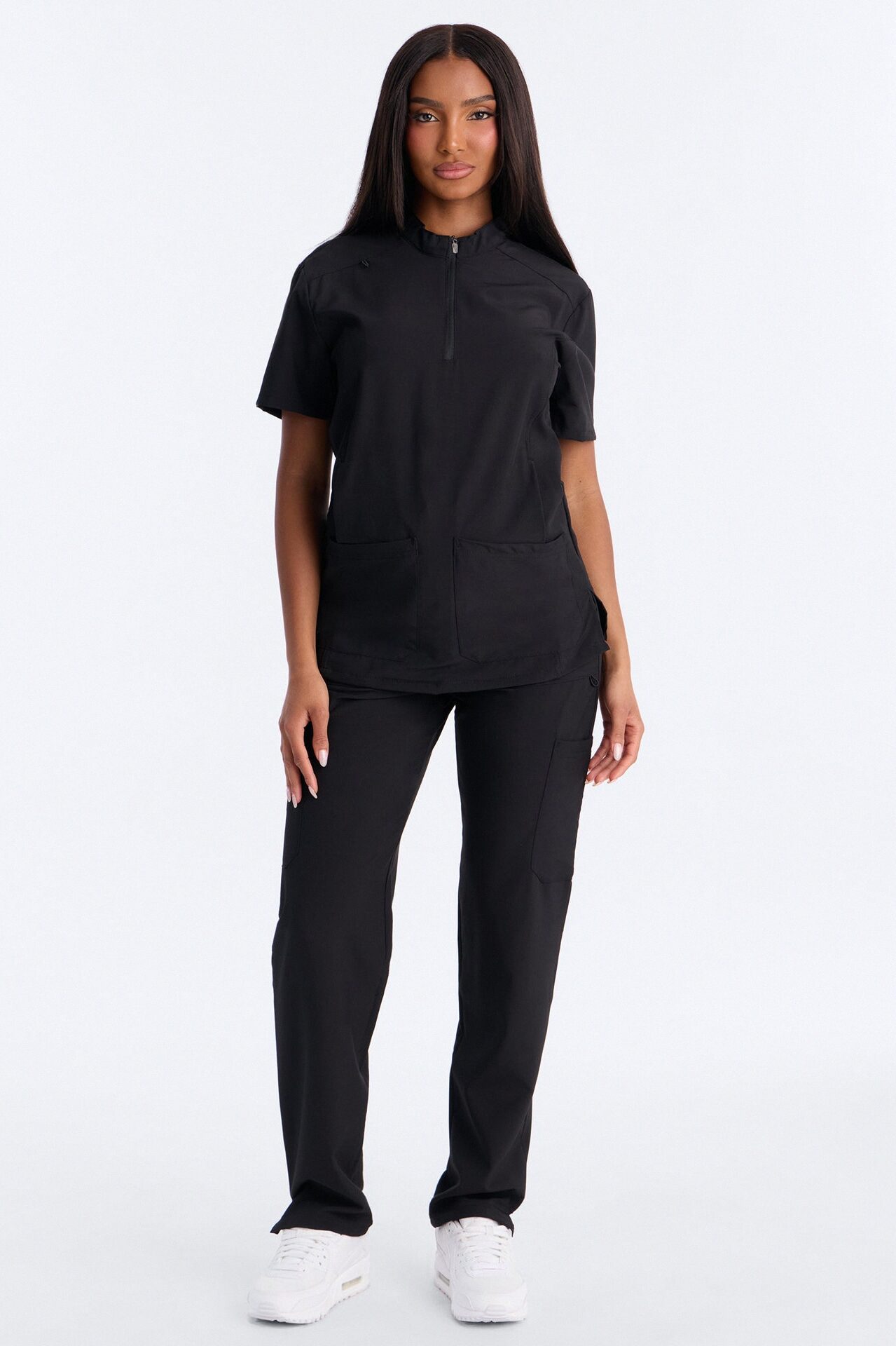 Elite 4 Way Stretch Zip Collar Open Leg Slit Scrub Set - Black