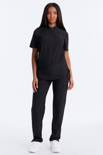Elite 4 Way Stretch Zip Collar Open Leg Slit Scrub Set - Black