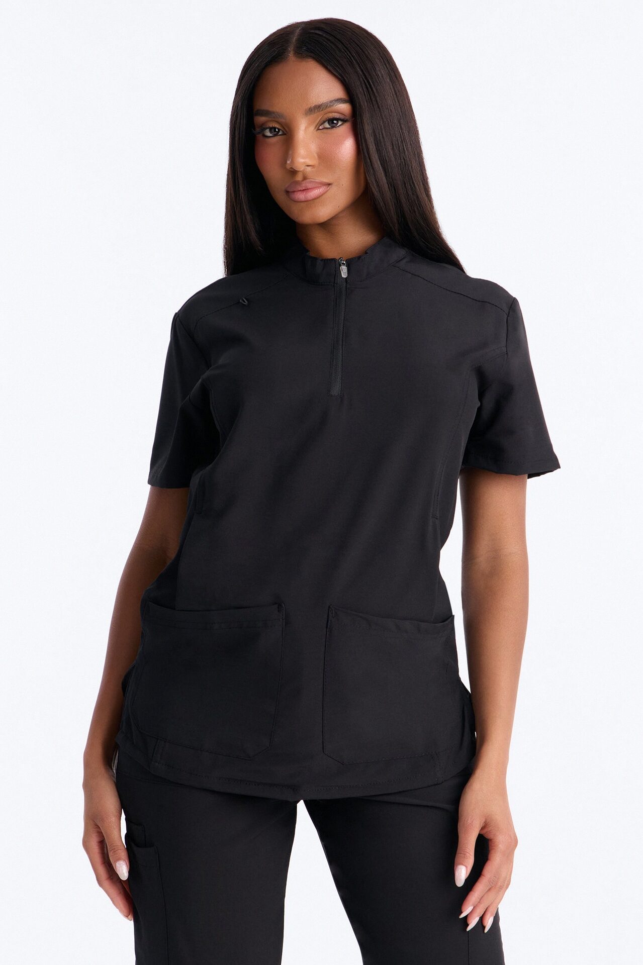 Elite 4 Way Stretch Zip Collar Open Leg Slit Scrub Set - Black