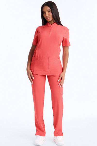 Elite 4 Way Stretch Zip Collar Open Leg Slit Scrub Set - Coral