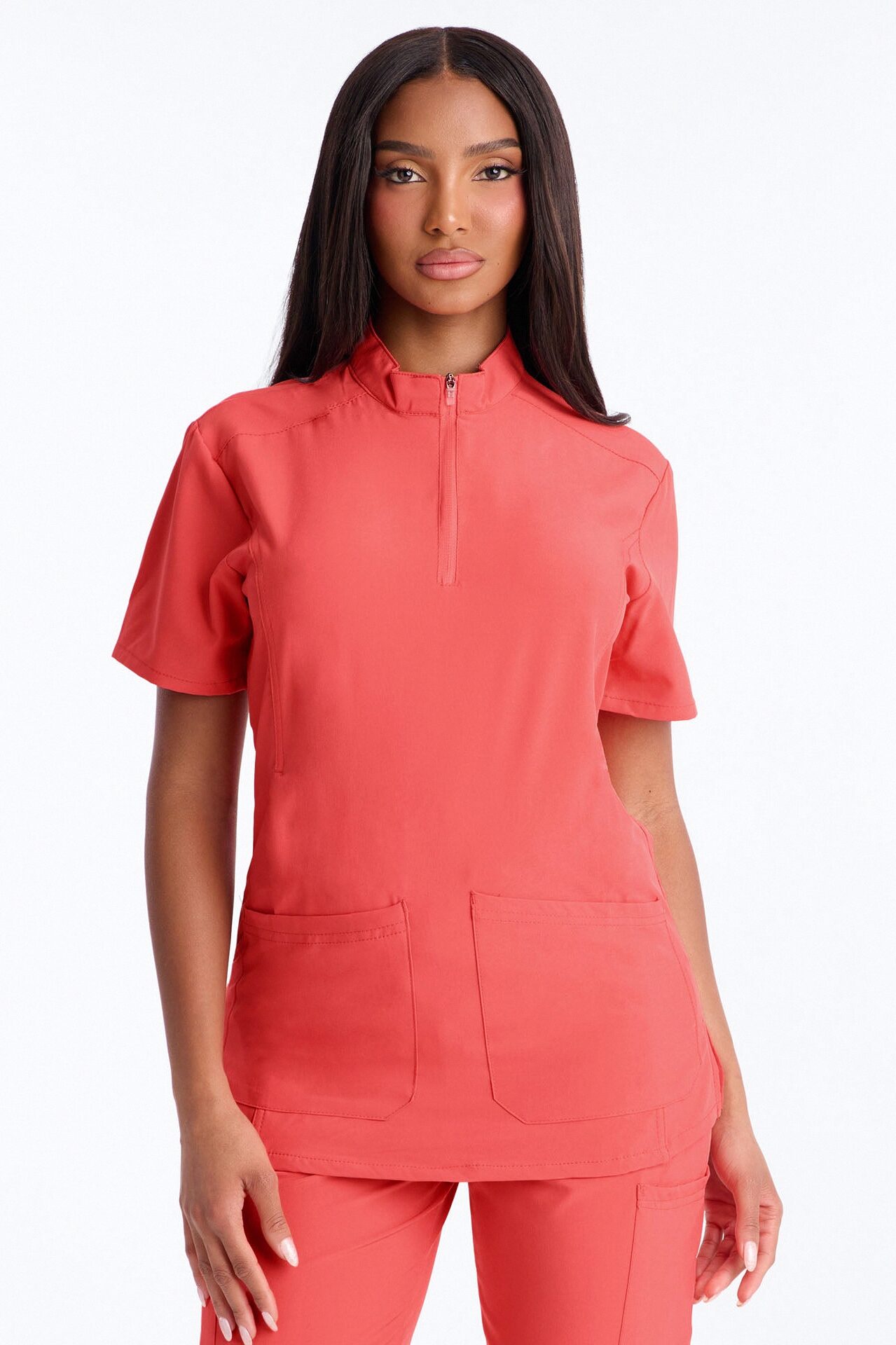 Elite 4 Way Stretch Zip Collar Open Leg Slit Scrub Set - Coral