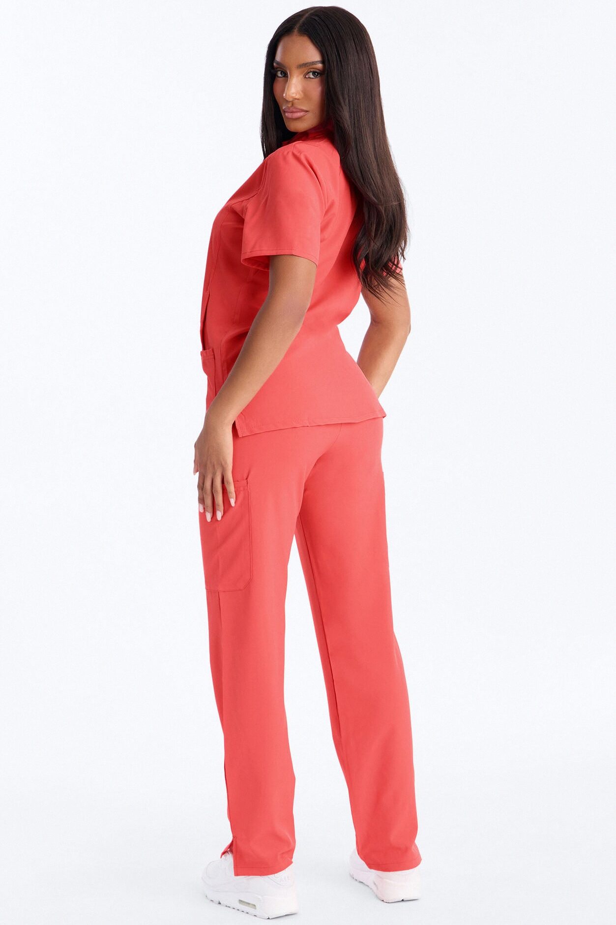 Elite 4 Way Stretch Zip Collar Open Leg Slit Scrub Set - Coral