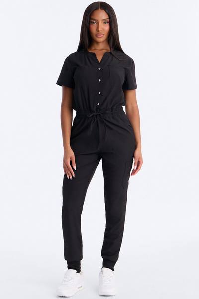 In Unison Uniform Jogger Scrub Jumpsuit With Snaps - Black
