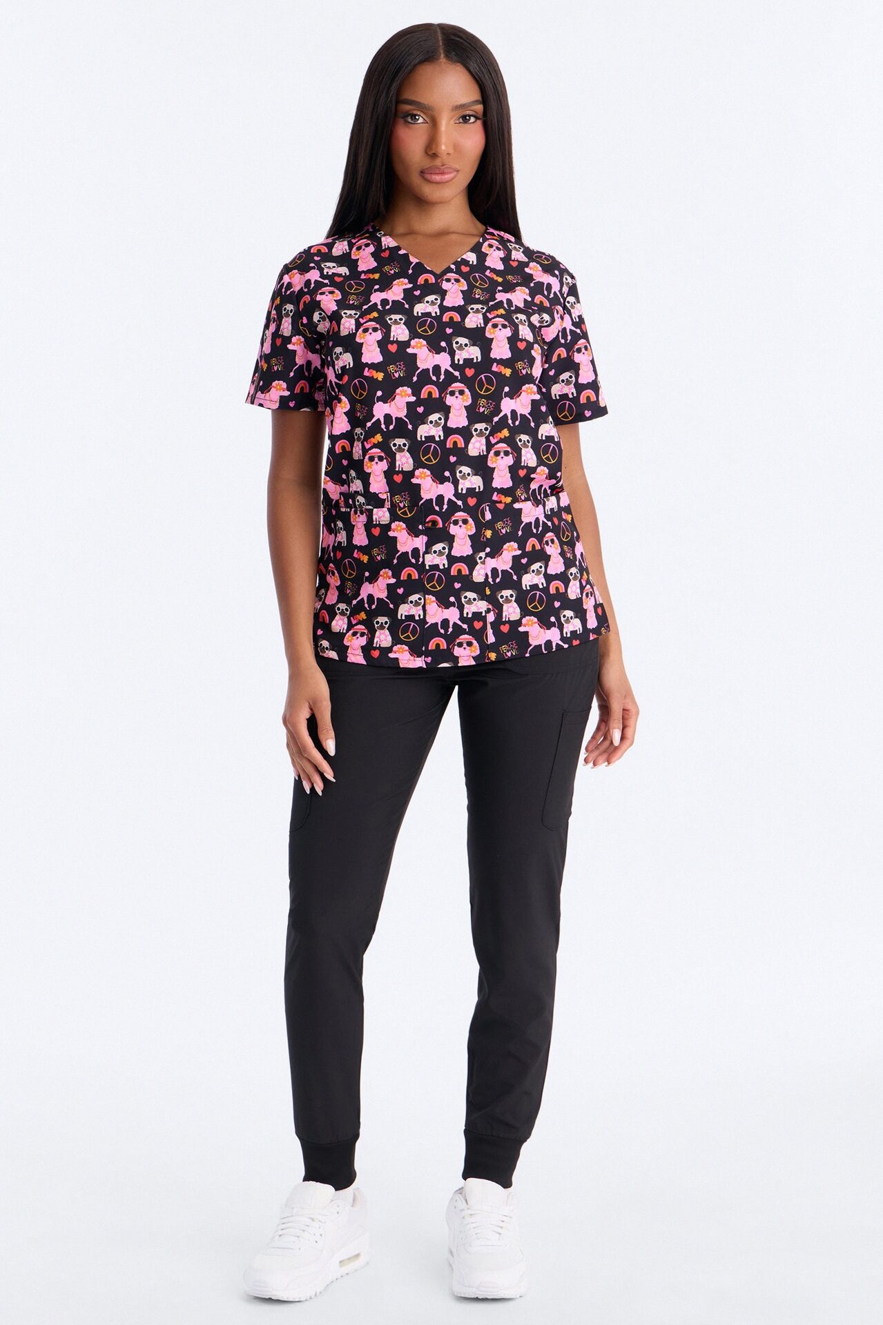 Bright Days 4 Way Stretch Printed Jogger Scrub Set - Black/Pink