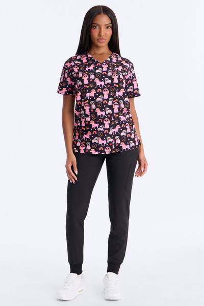 Bright Days 4 Way Stretch Printed Jogger Scrub Set - Black/Pink