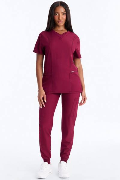 Clinical 4 Way Stretch Pocket Back Knit Jogger Scrub Set - Wine