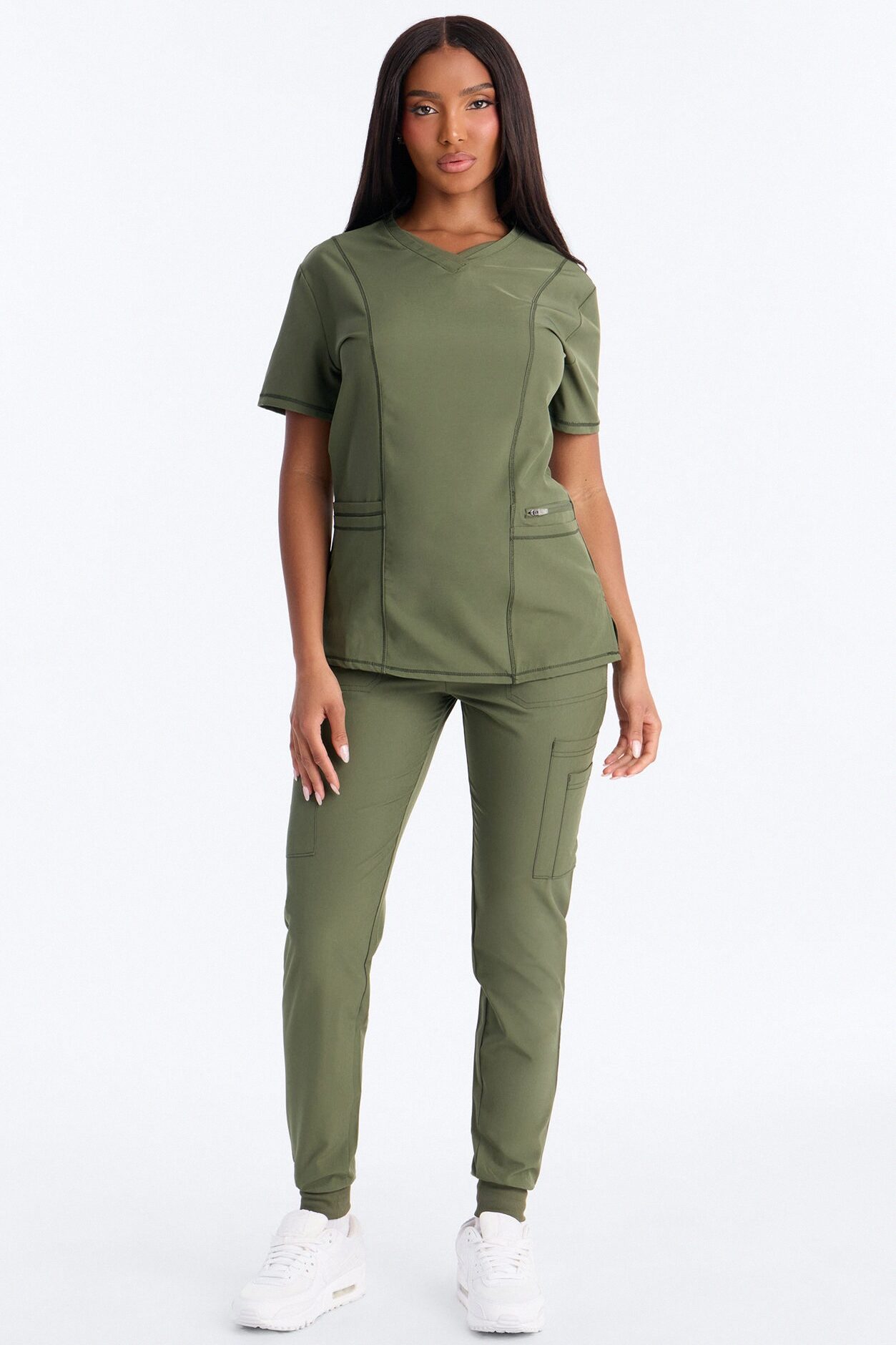 Clinical 4 Way Stretch Pocket Back Knit Jogger Scrub Set - Olive