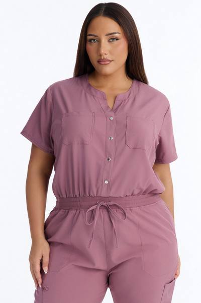 In Unison Uniform Jogger Scrub Jumpsuit With Snaps - Mauve