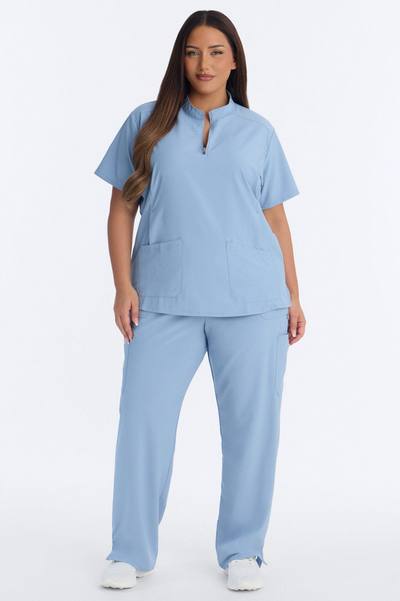 Elite 4 Way Stretch Zip Collar Open Leg Slit Scrub Set - Blue