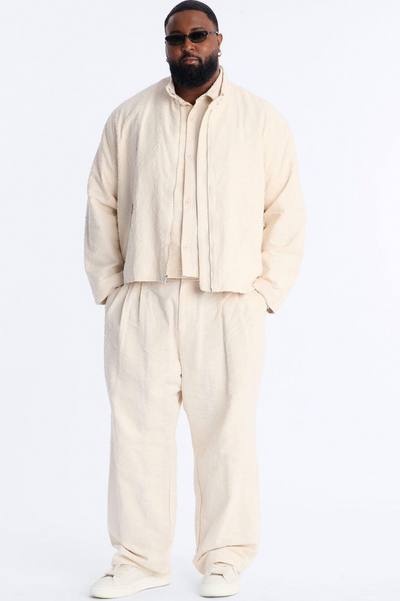 Relaxed Cropped Textured Distressed Linen Bomber Jacket - Oatmeal