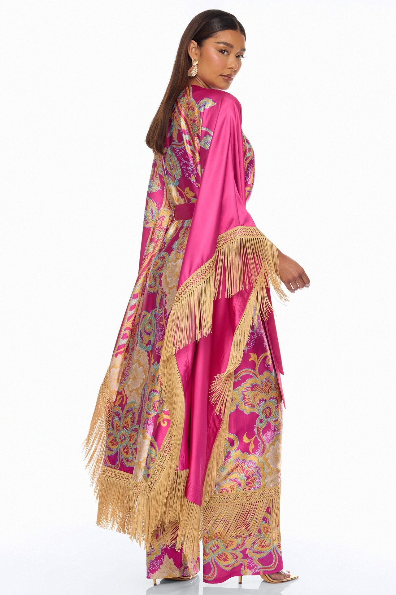 Addison Fringe Satin Kimono - Pink/combo