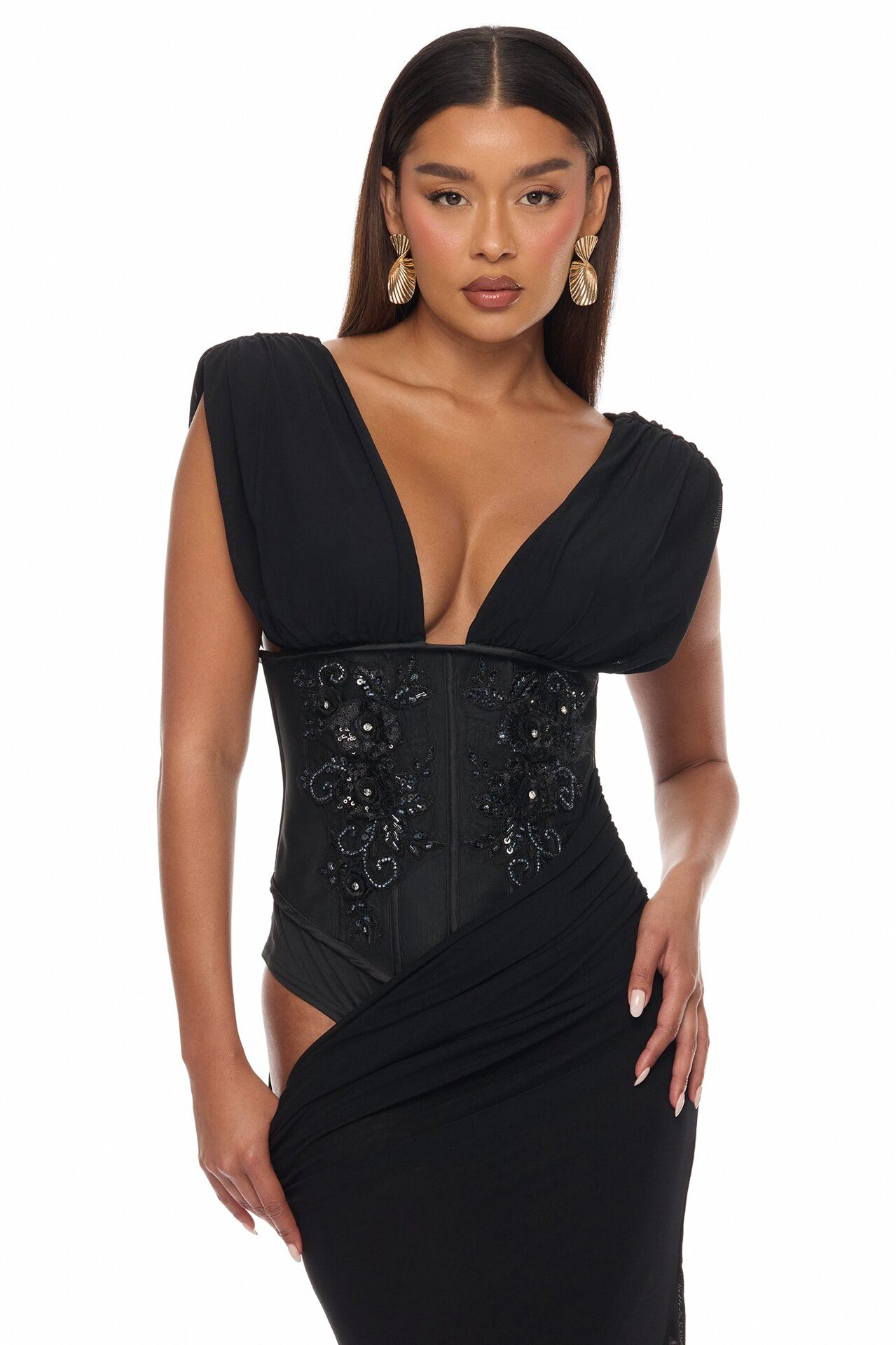 Eye Candy Corset Mesh Maxi Dress - Black