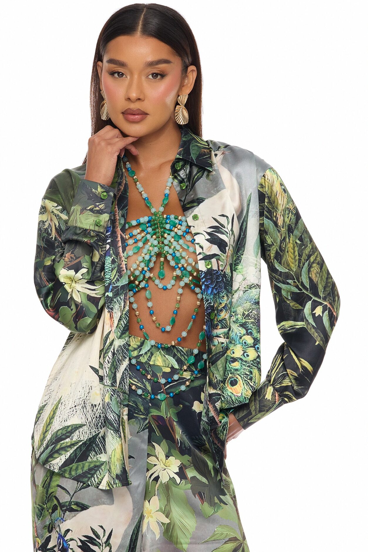 Tulum Escape 3 Piece Satin Pant Set - Green/combo