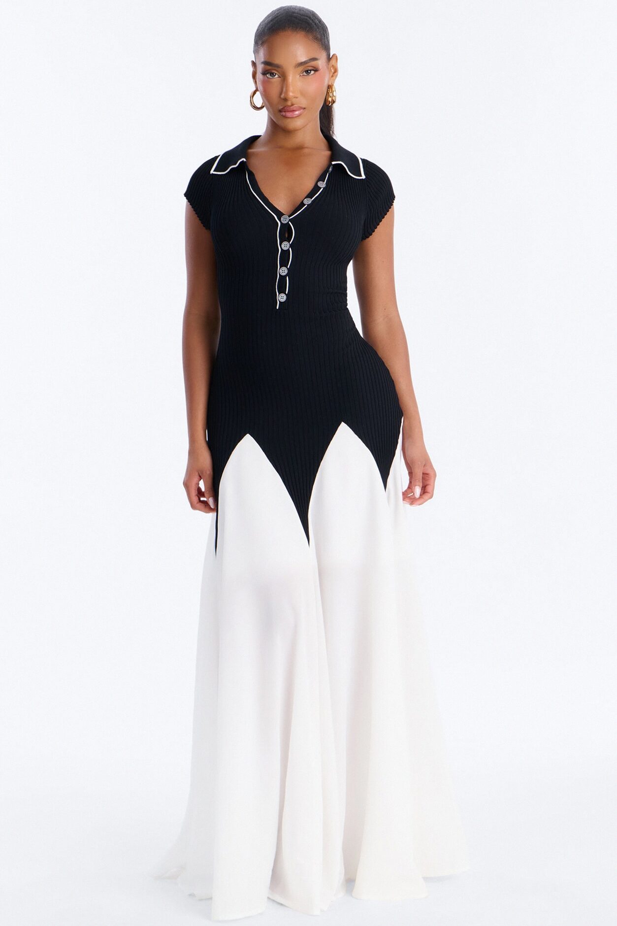 Daytime Vibing Collared Maxi Dress - Black/White