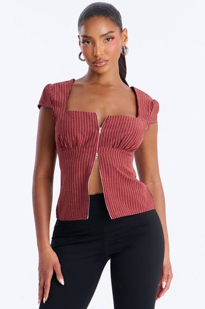Candace Pinstripe Zipper Short Sleeve Top - Burgundy/combo