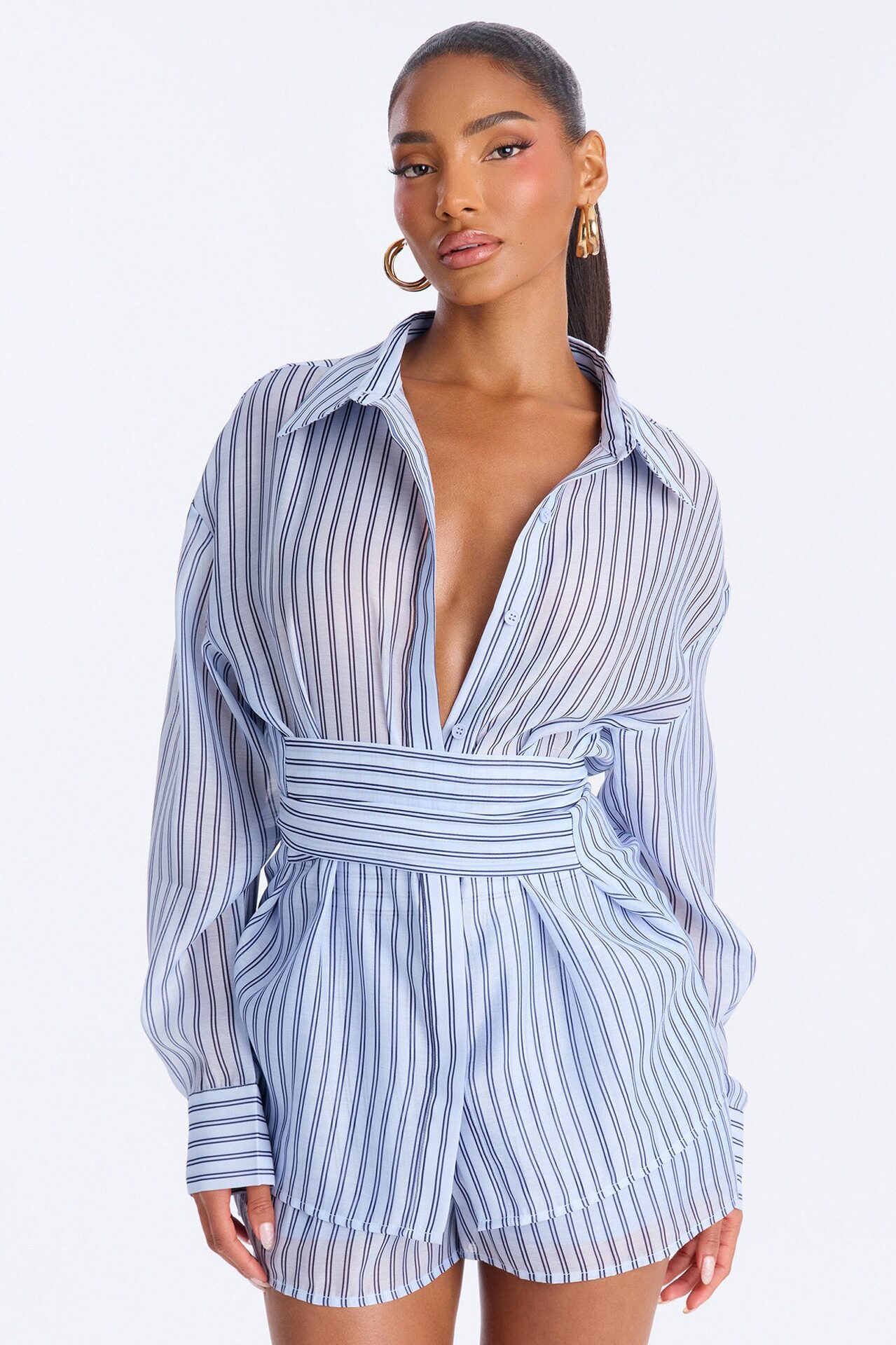 Maddie Belted Chiffon Short Set - Blue
