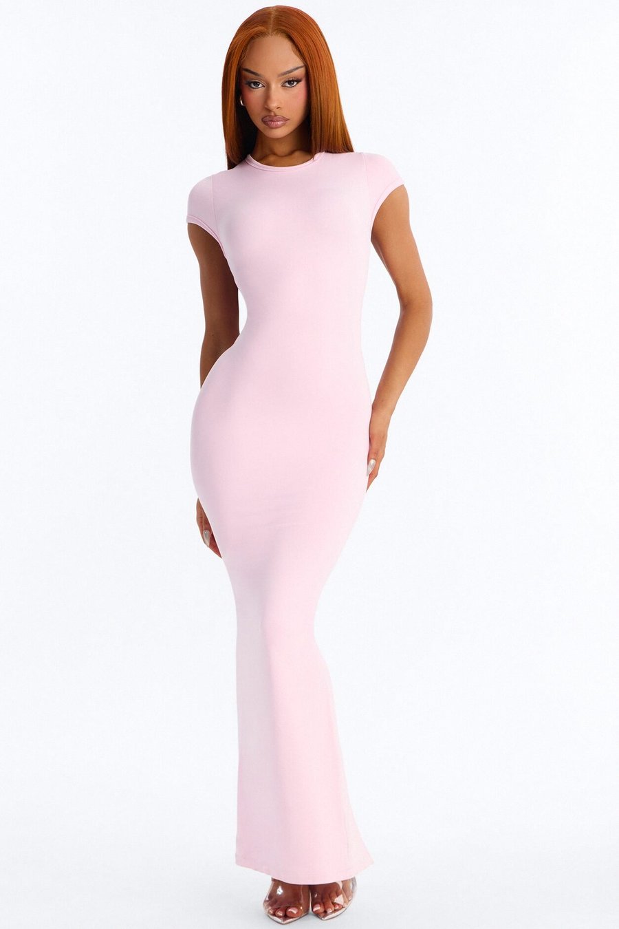 Seamless Smooth Double Lined Cap Sleeve Maxi Dress - Pink
