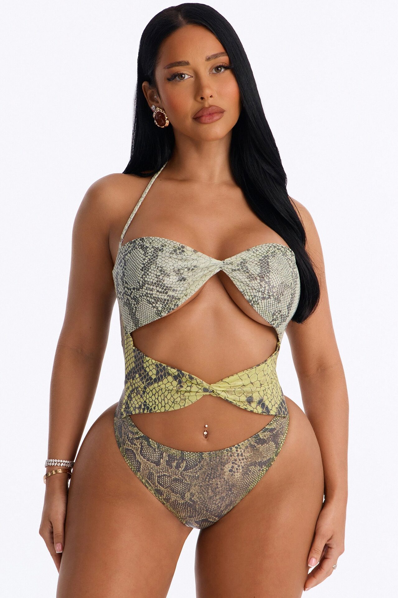 Rattle Me Up Snake Mesh Cut Out Halter Bodysuit - Multi Color