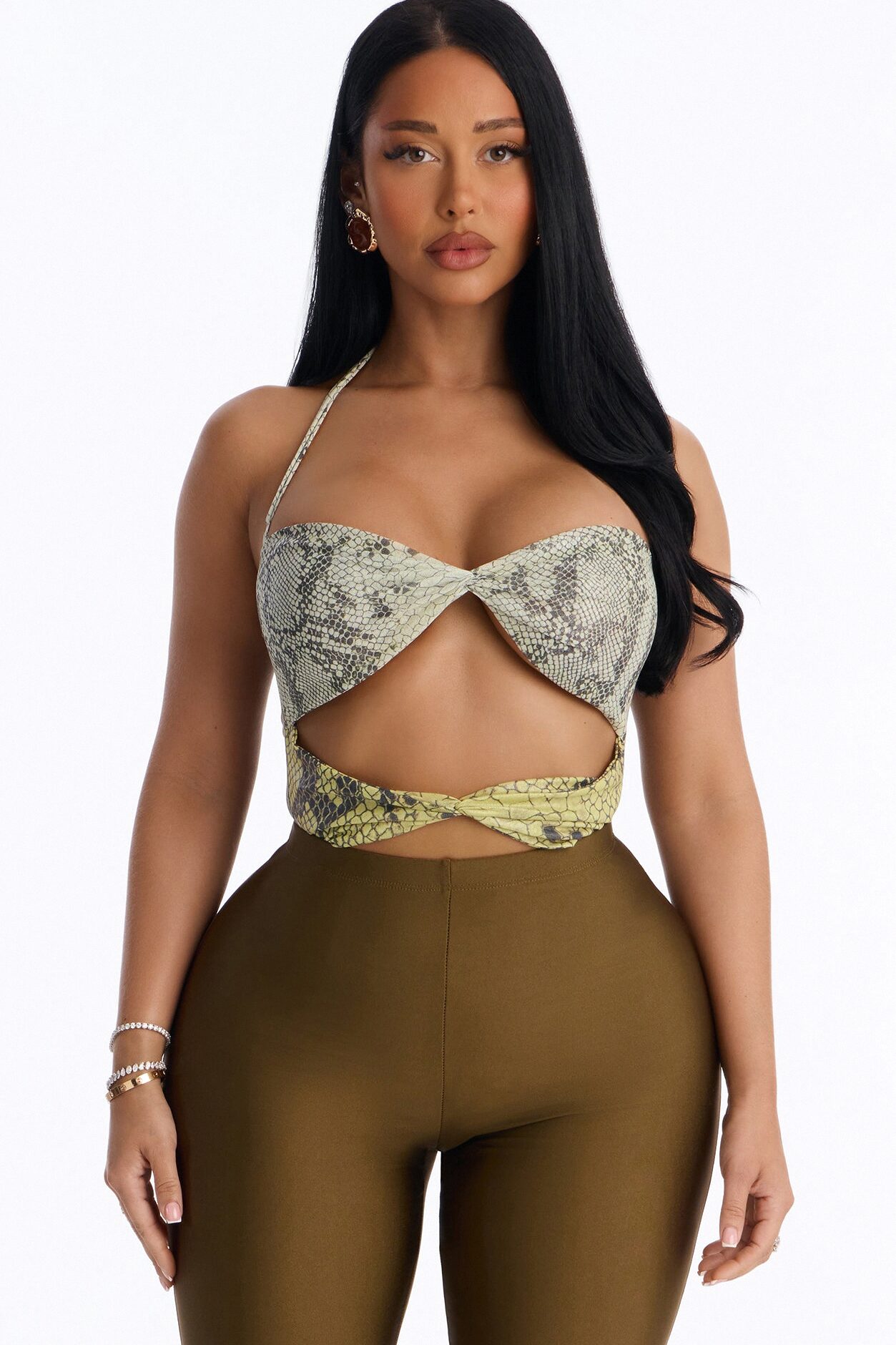Rattle Me Up Snake Mesh Cut Out Halter Bodysuit - Multi Color