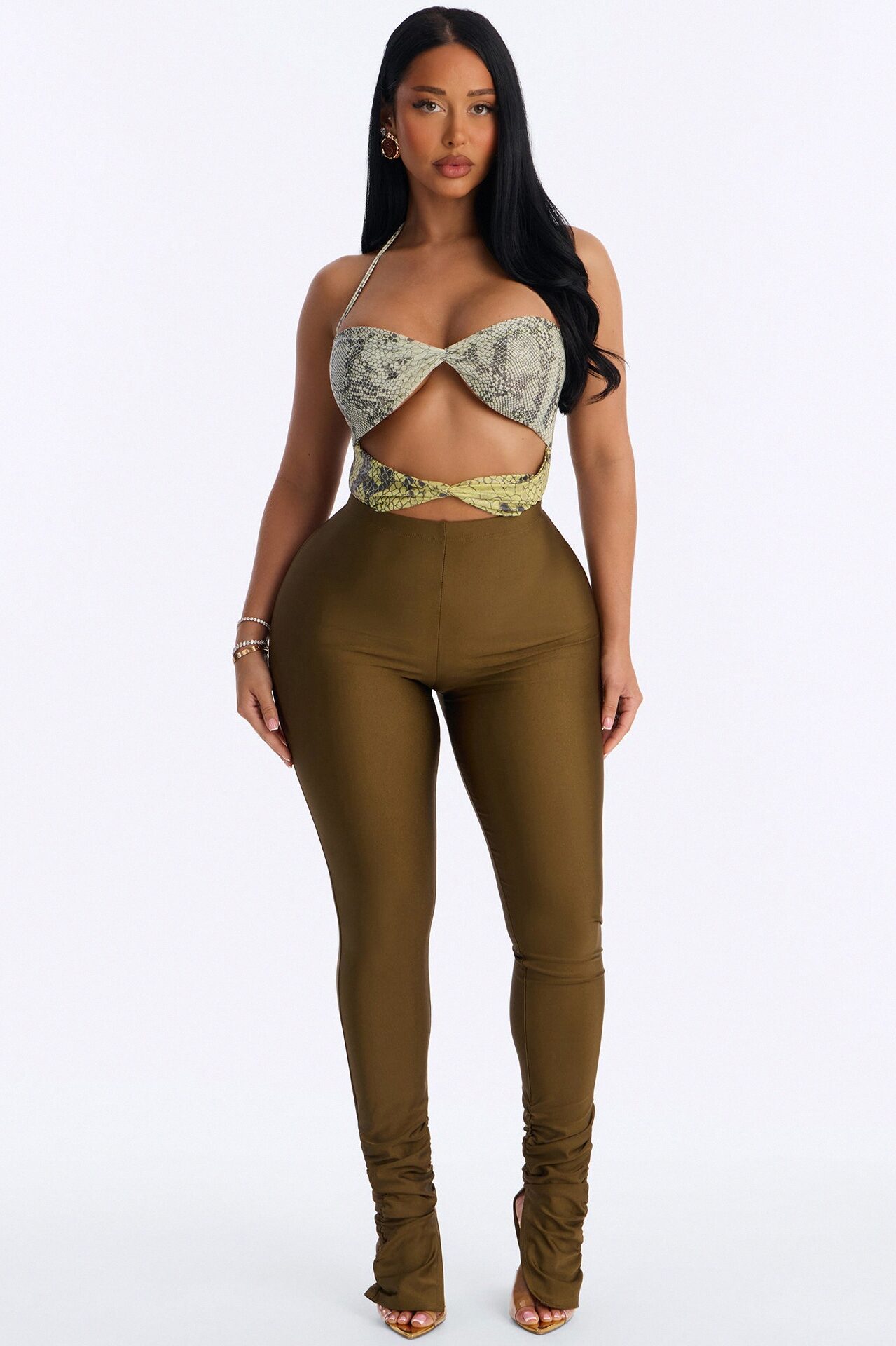 Rattle Me Up Snake Mesh Cut Out Halter Bodysuit - Multi Color