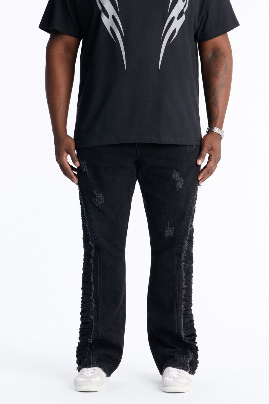 Stacked Slim Flare Slashed Down Jean - Black