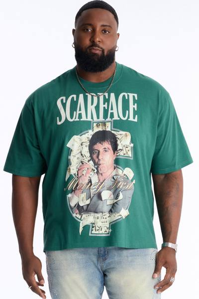 Heavy Weight Scarface Money First Rhinestones Oversized Short Sleeve Tee - Green