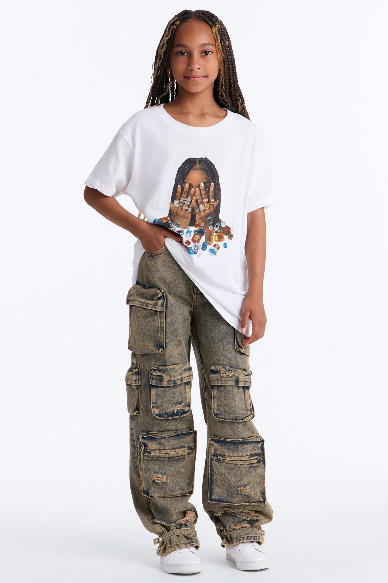 Mini Nikki Non Stretch Acid Wash Cargo Jeans - Vintage Wash