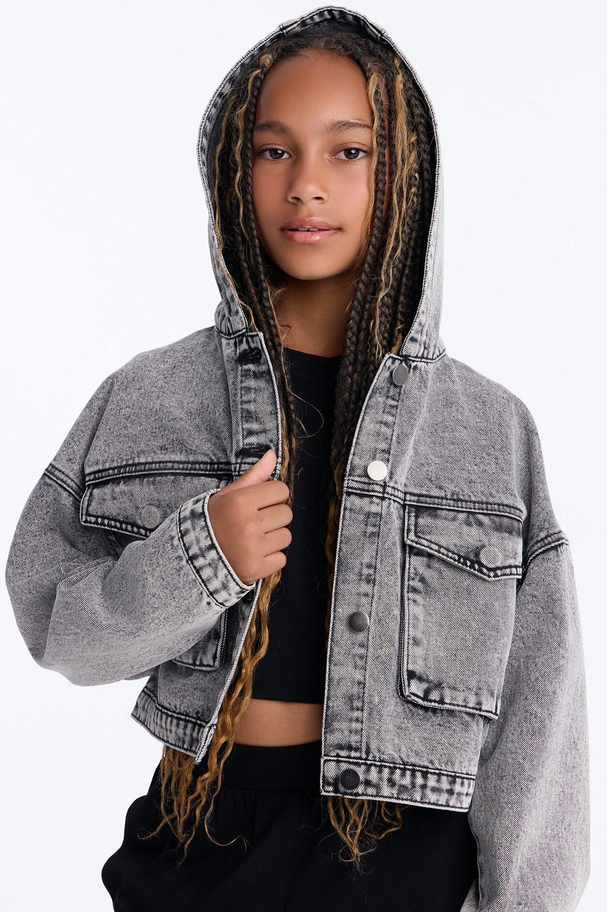 Mini No Explanation Hooded Denim Jacket - Acid Wash Grey
