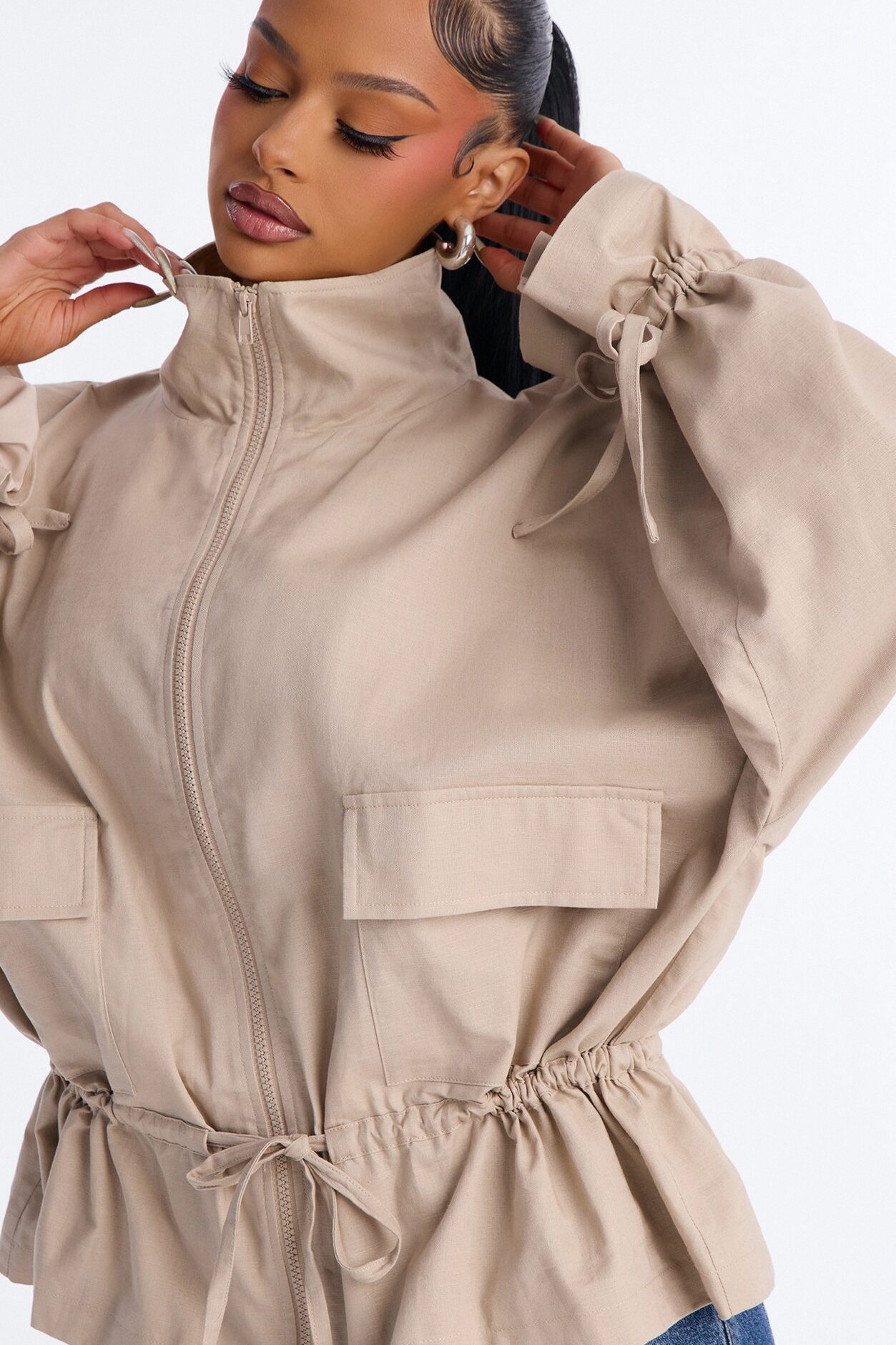 Effortless Linen Funnel Neck Anorak Jacket - Natural