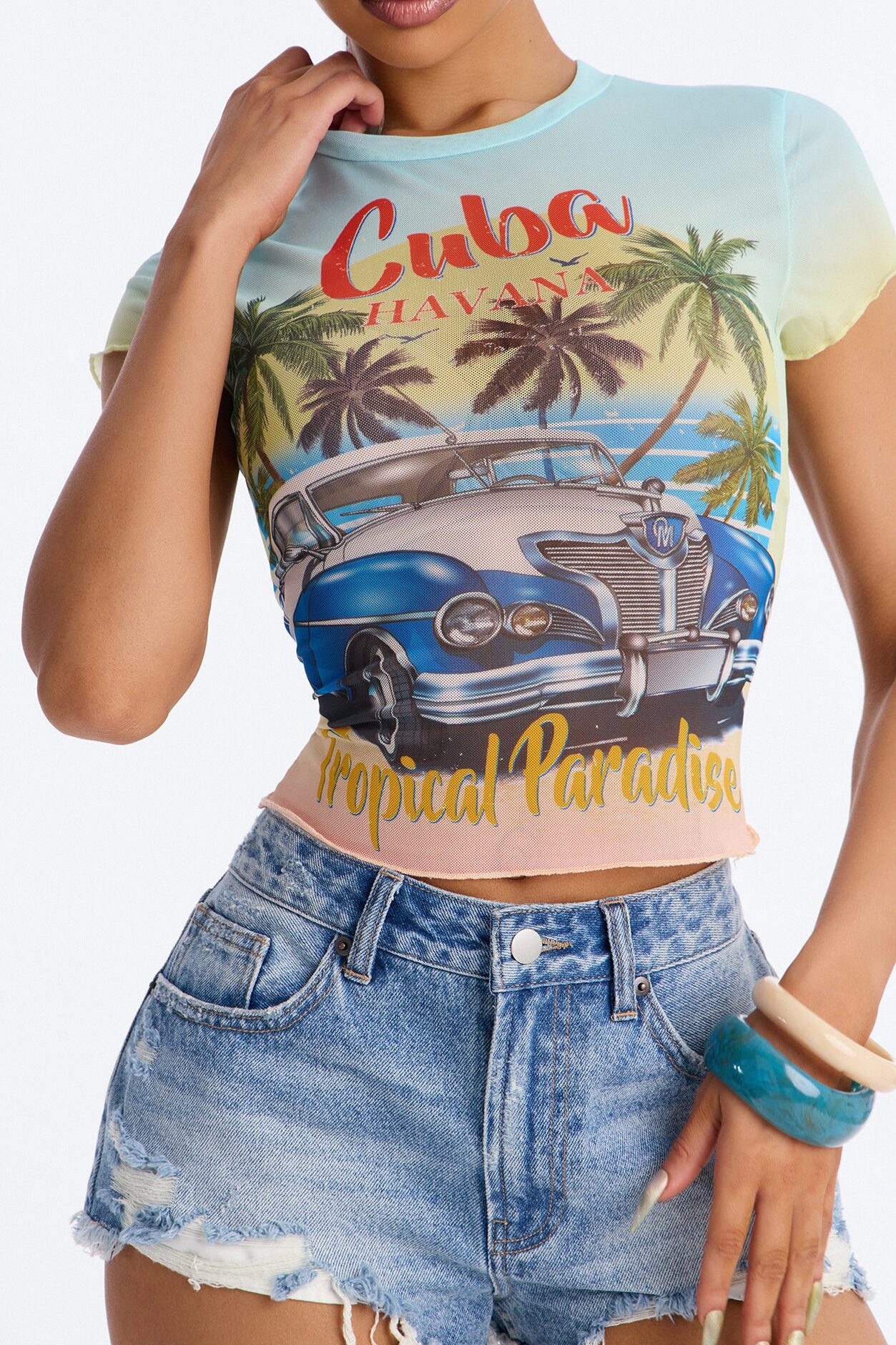 Cuba Havana Paradise Mesh Baby Tee - Multi Color