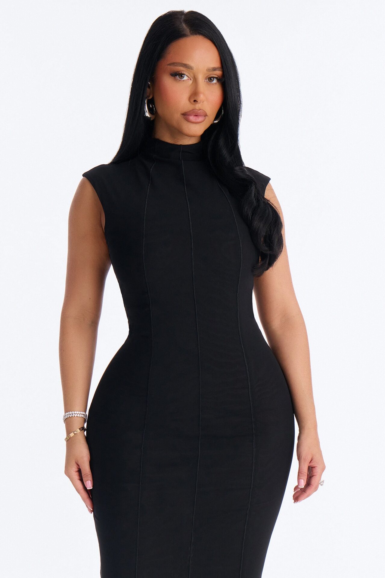 Power Mesh Double Lined Mock Neck Sleeveless Maxi Dress - Black