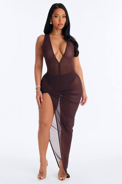 Power Mesh Ruched Twist High Slit Maxi Skirt - Chocolate