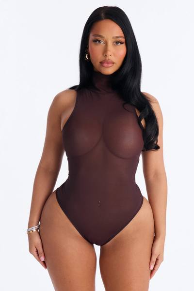 Power Mesh Turtle Neck Sleeveless Bodysuit - Chocolate