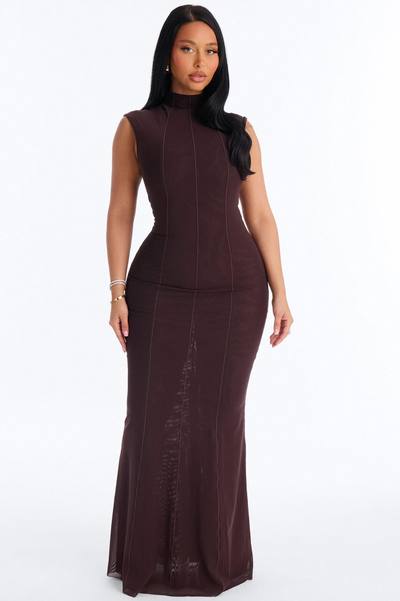 Power Mesh Double Lined Mock Neck Sleeveless Maxi Dress - Chocolate