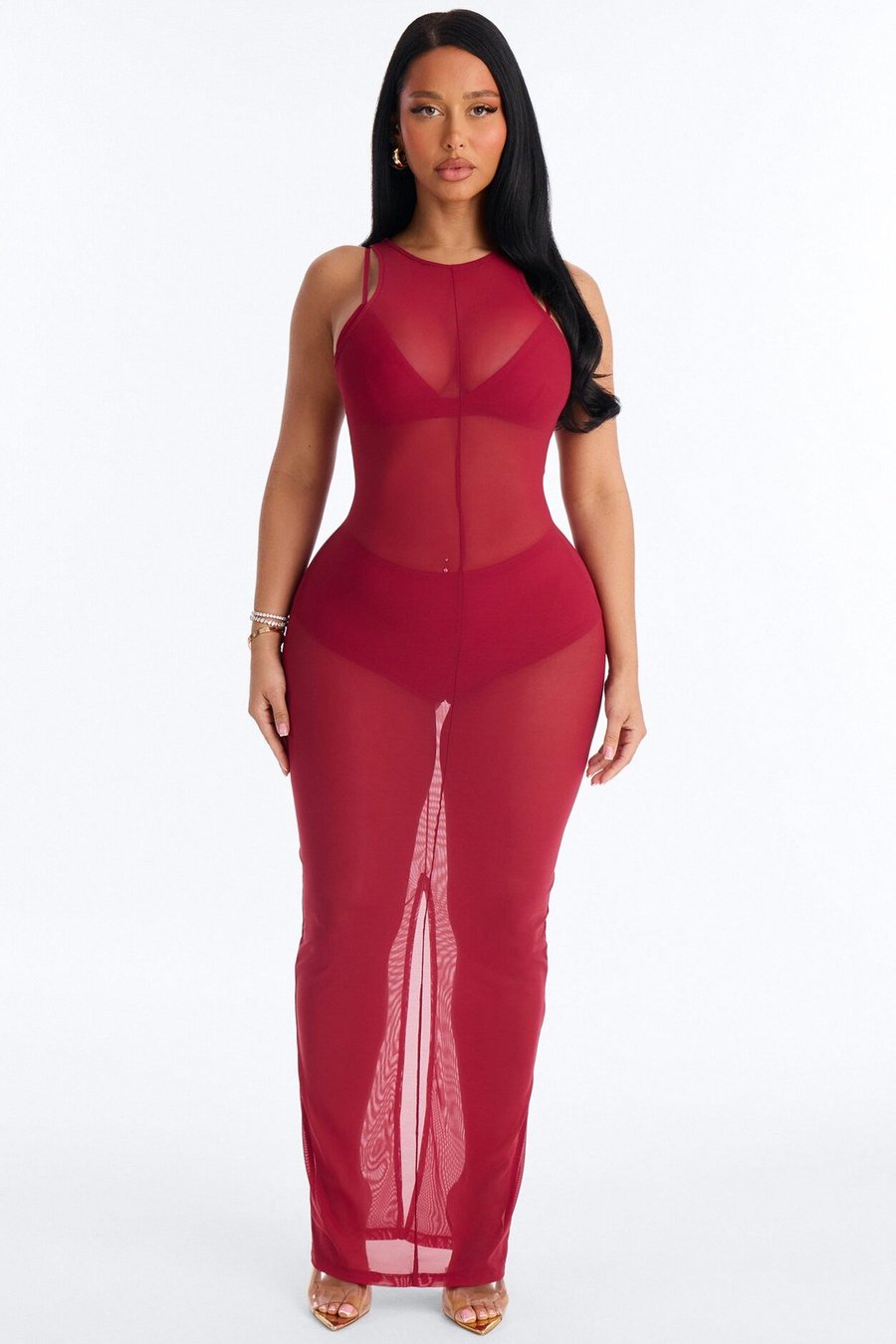Power Mesh Sleeveless 3 Piece Maxi Dress Set - Red
