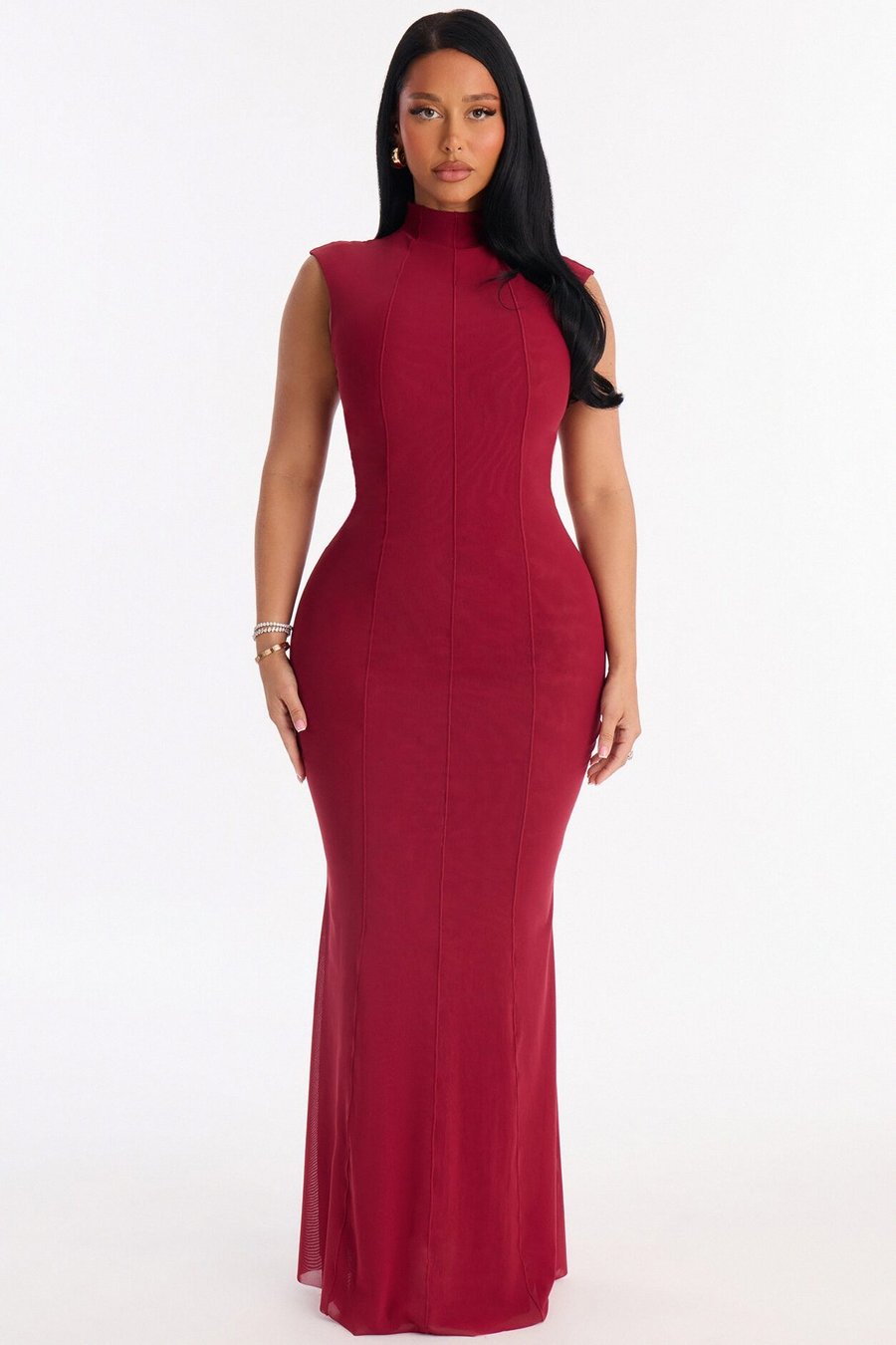 Power Mesh Double Lined Mock Neck Sleeveless Maxi Dress - Red