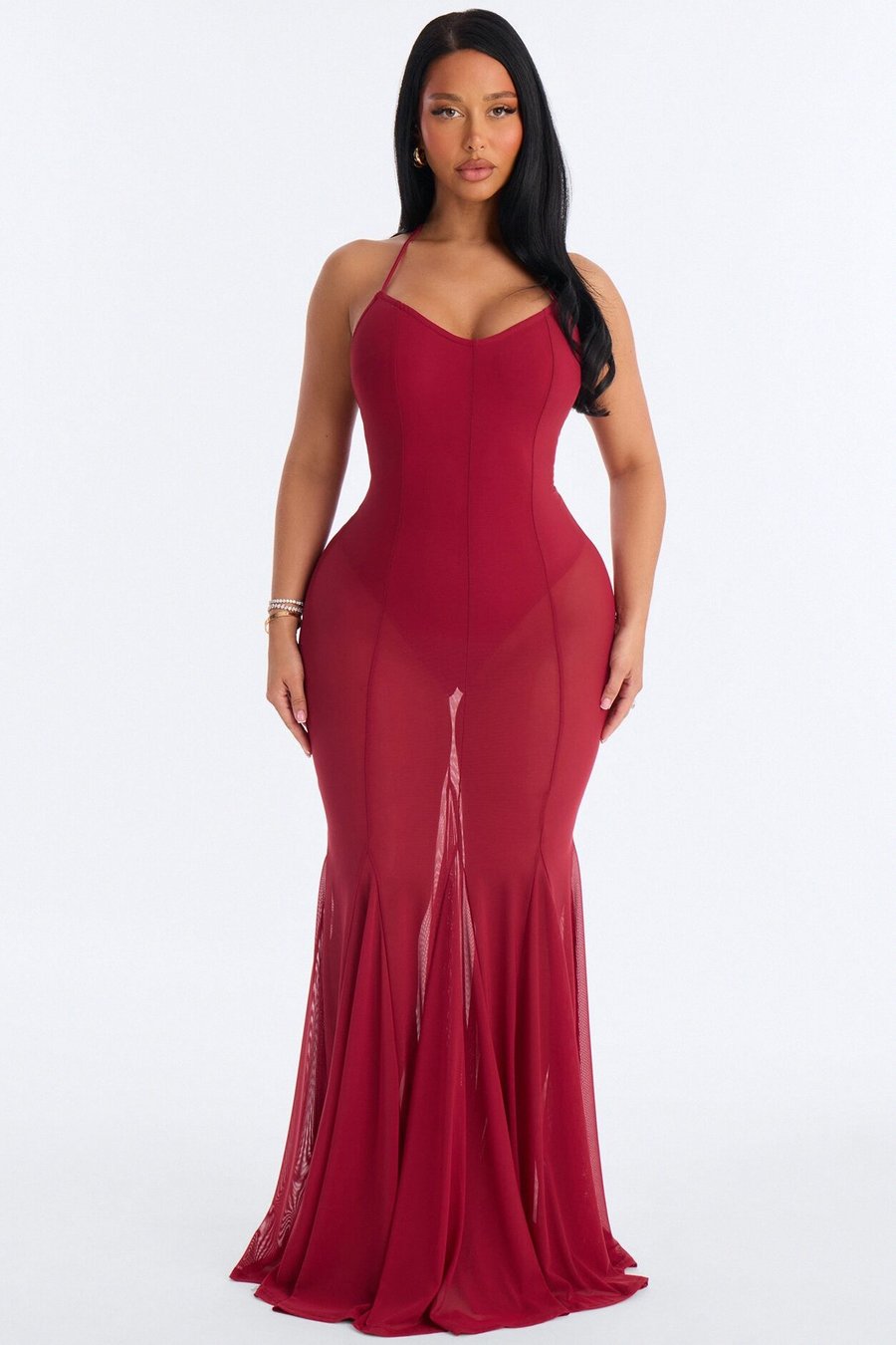 Power Mesh V Neck Halter Maxi Dress - Red