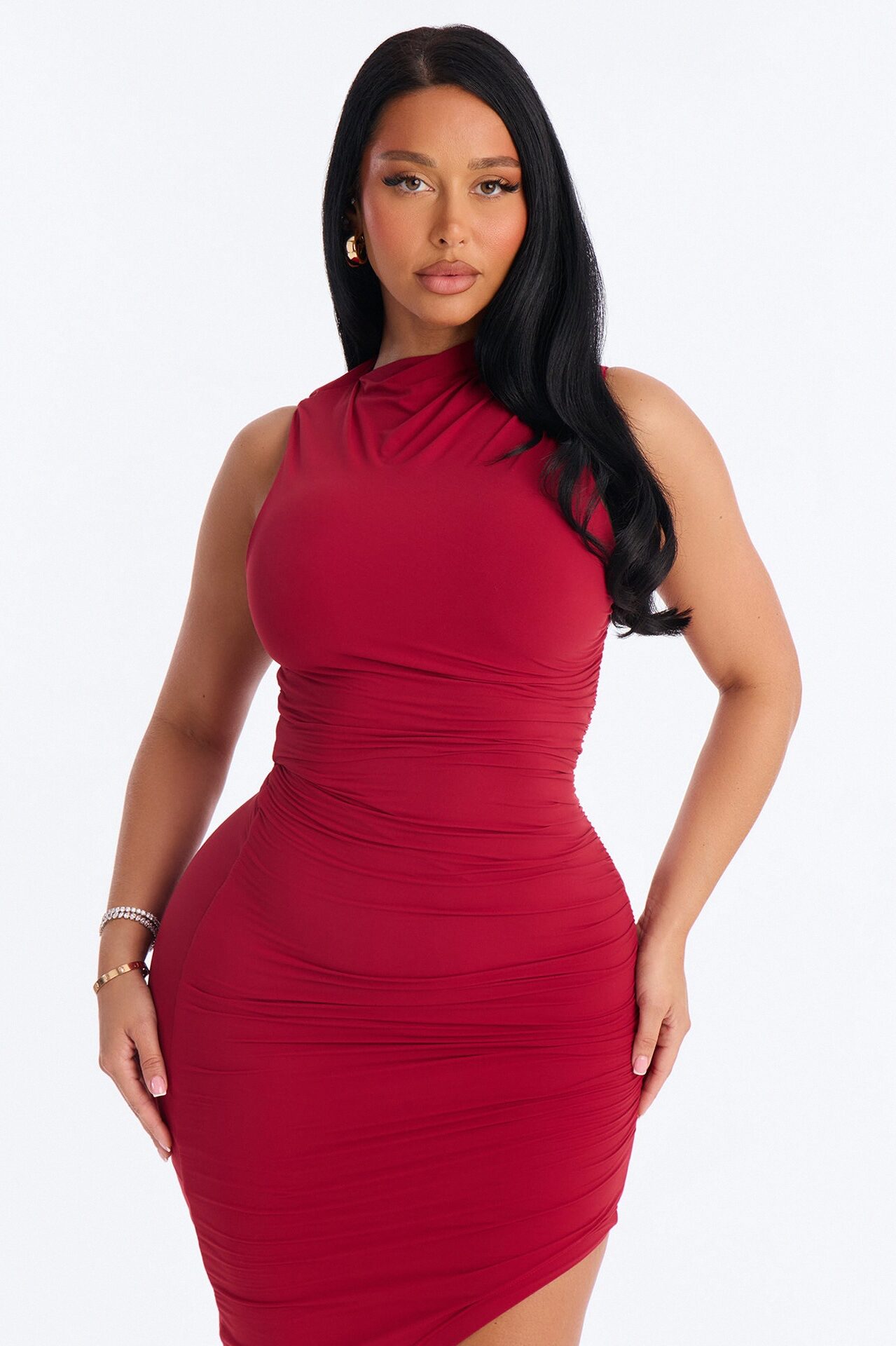 Second Skin Double Lined Ruched Slit Midi Dress - DarkRed