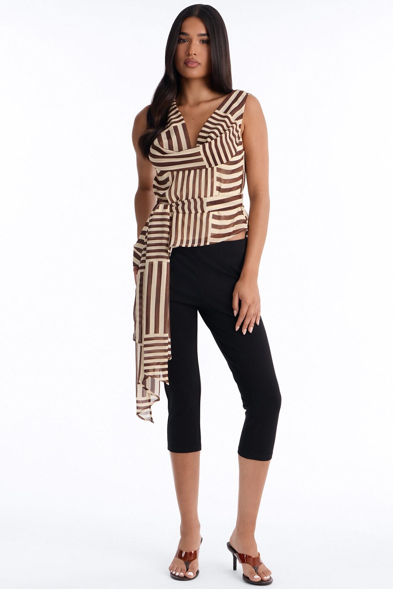 Calliope Tie Waist Striped Chiffon Blouse - Brown/combo